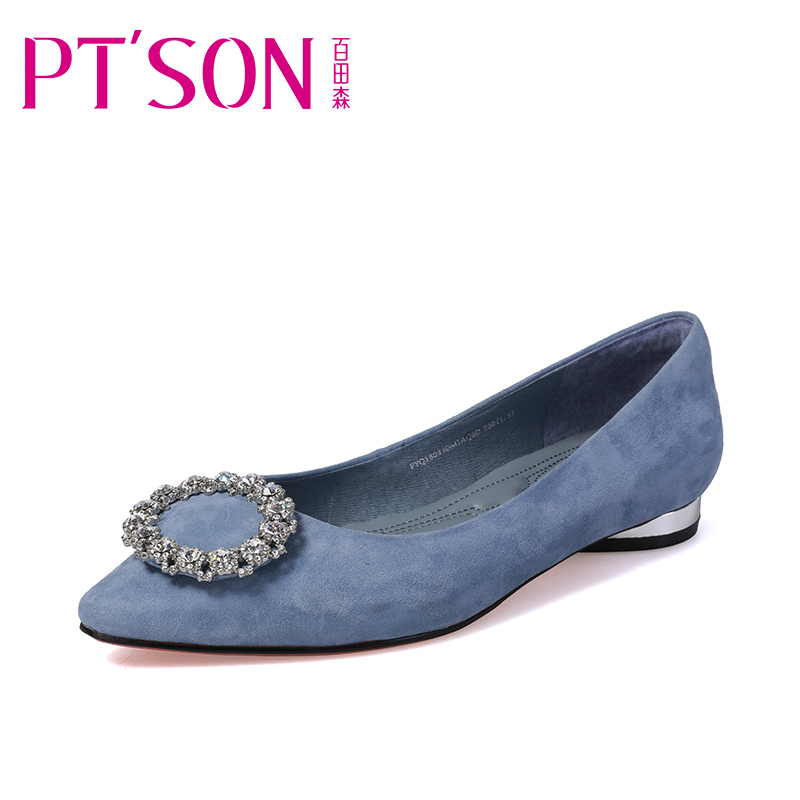 PTSON/百田森2018春季新款女鞋绒面尖头单鞋女平底百搭时尚浅口鞋