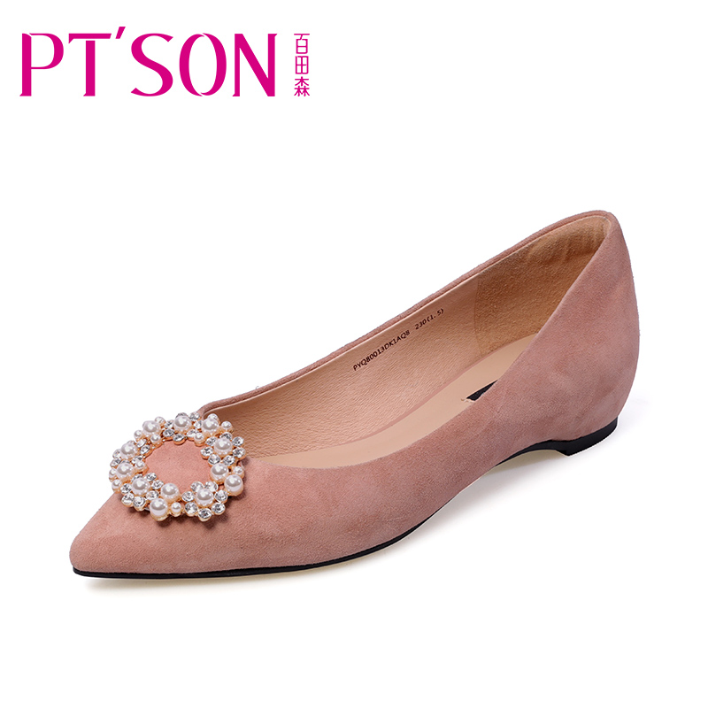 PTSON/百田森2018春季新款尖头浅口单鞋女平底水钻韩版百搭女鞋子