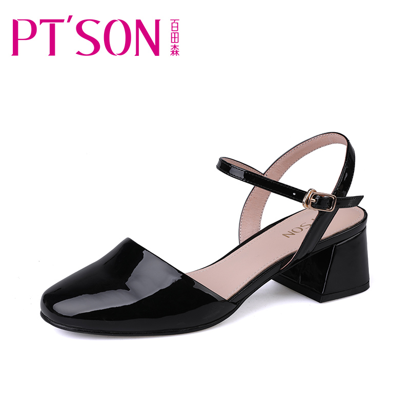 PTSON/百田森2018春季新款漆皮一字扣单鞋中空粗跟女鞋子玛丽珍鞋