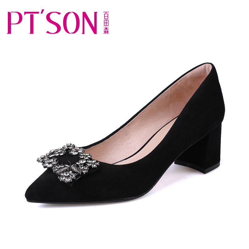PTSON/百田森2018春季新款磨砂粗跟浅口单鞋女水钻尖头中跟高跟鞋