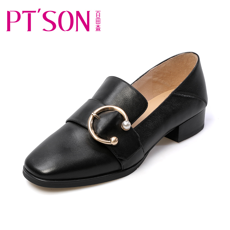 PTSON/百田森2018春季新款粗跟休闲小皮鞋方头单鞋懒人一脚蹬女鞋