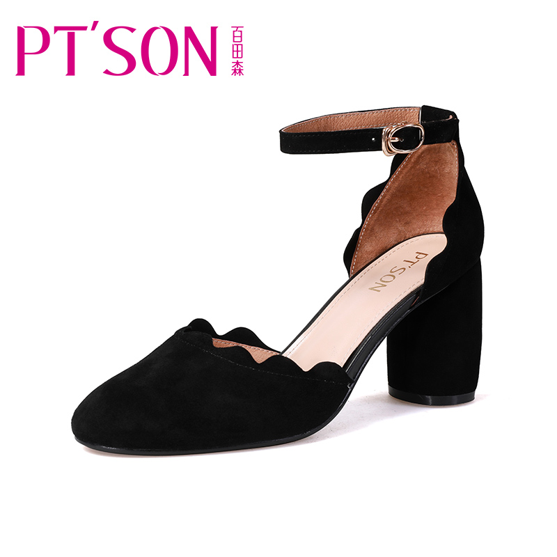 PTSON/百田森2018春季新款韩版包头粗跟高跟鞋甜美中空一字扣女鞋