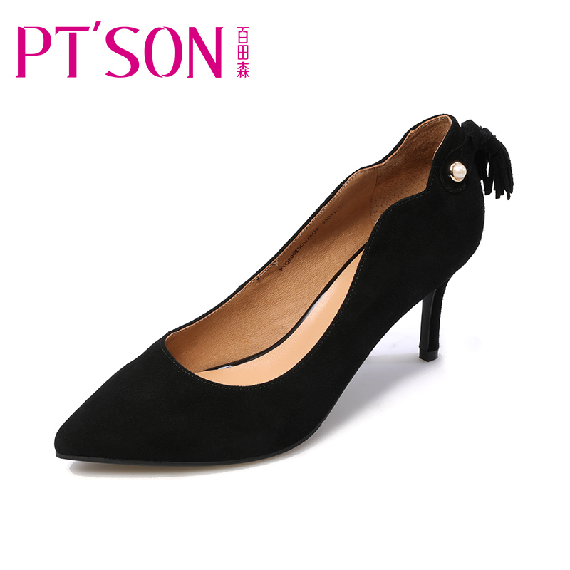 PTSON/百田森2018春季新款韩版磨砂尖头高跟鞋女细跟流苏浅口单鞋
