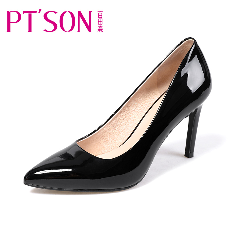 PTSON/百田森2018春季新款黑色漆皮高跟鞋女细跟单鞋尖头社交女鞋