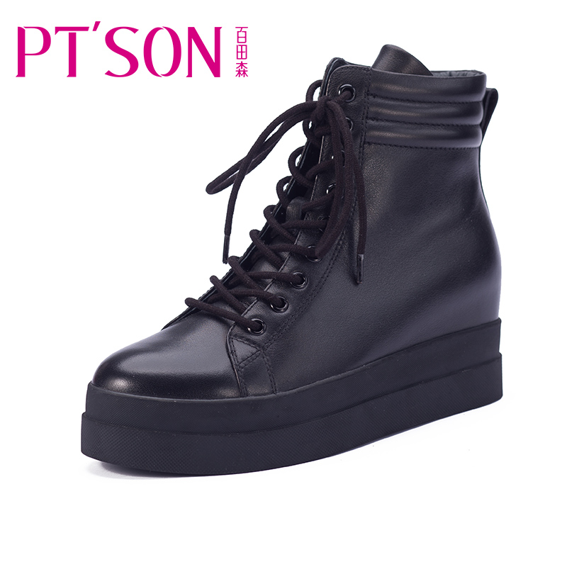 PTSON/百田森 冬季厚底松糕防水台短筒短靴马丁靴牛皮真皮女靴子