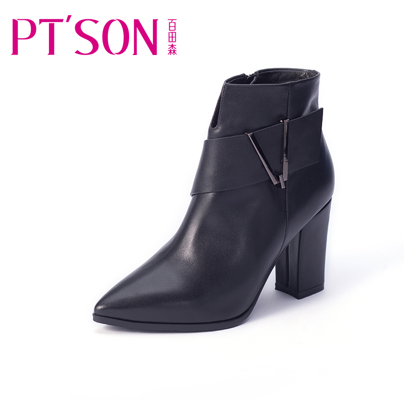 PTSON/百田森 冬季尖头粗跟高跟短筒短靴裸靴时尚牛皮真皮女靴子