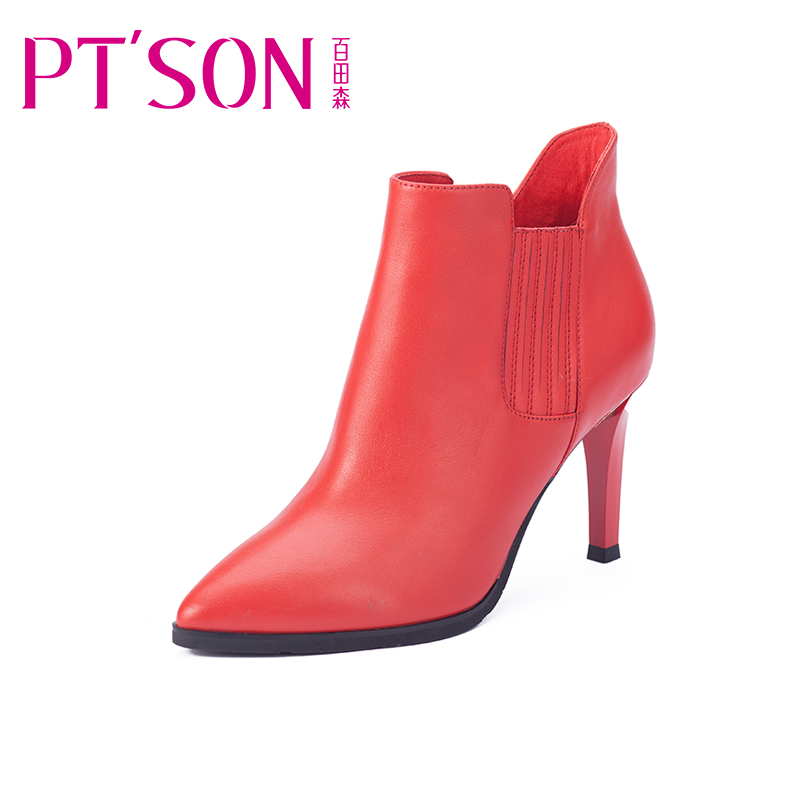 PTSON/百田森 冬季尖头高跟细跟裸靴踝靴短筒真皮欧美短靴女靴子