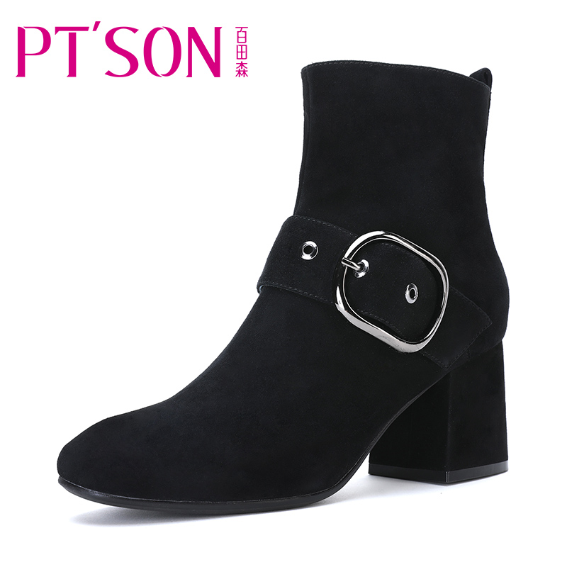 PTSON/百田森冬季磨砂短靴女高跟粗跟皮带扣时尚女士靴子