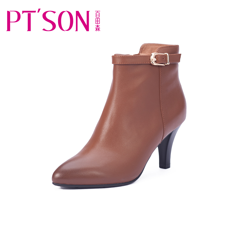 PTSON/百田森 冬季细跟高跟尖头短筒短靴欧美头层牛皮真皮女靴子