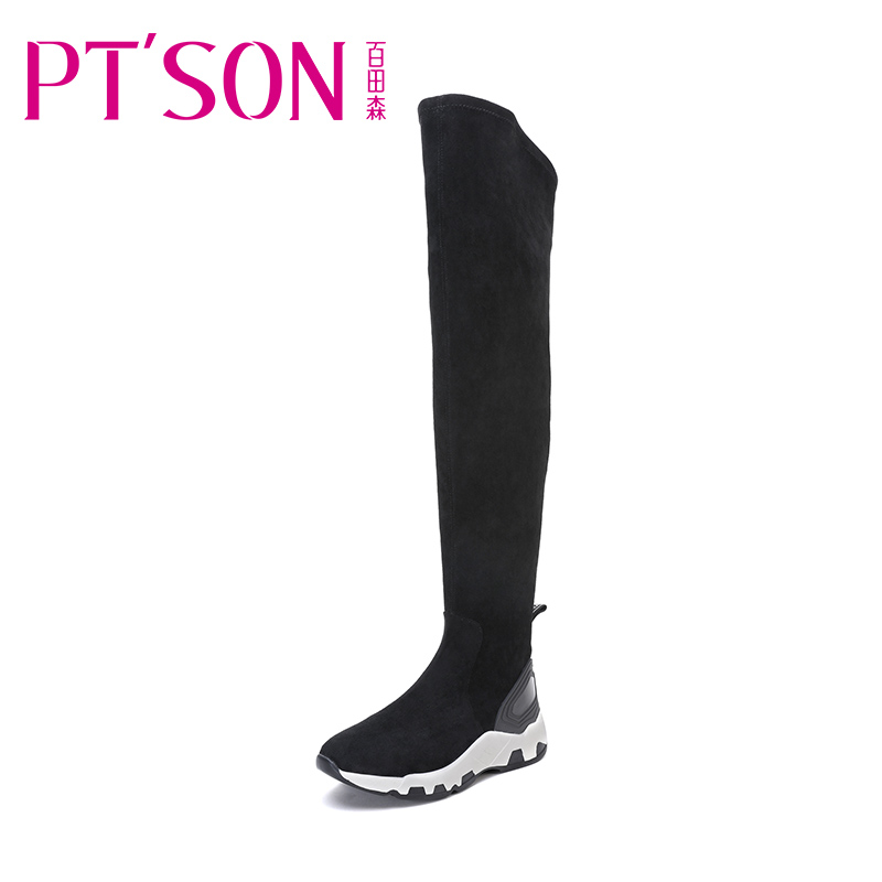 PTSON/百田森冬季过膝长靴女平底厚底织物长筒靴女靴子