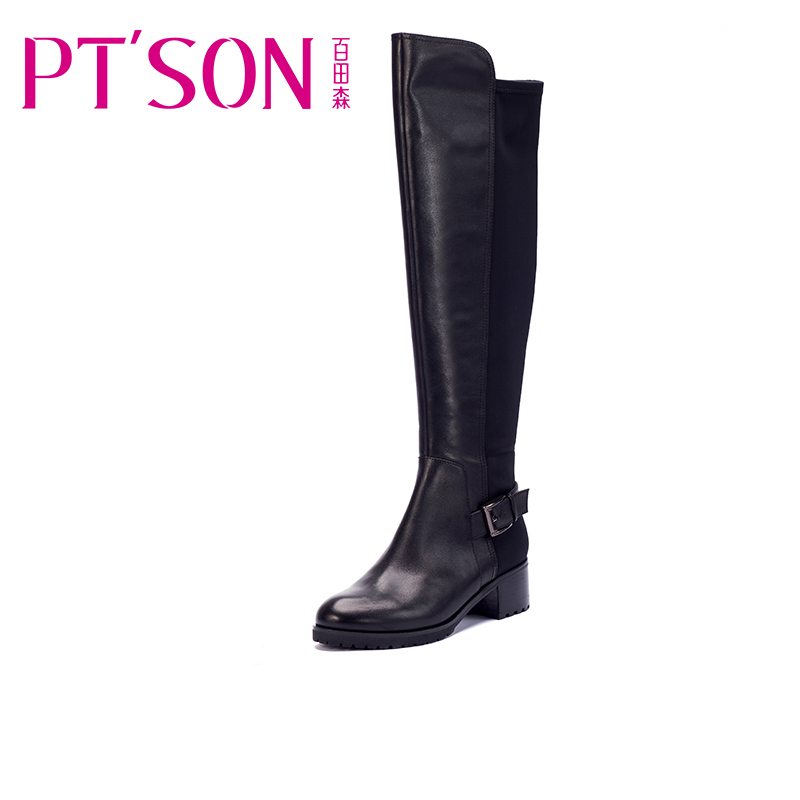 PTSON/百田森 冬季长筒靴高筒骑士时尚牛皮真皮防水台方跟女靴子