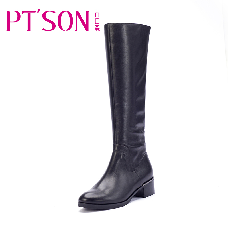 PTSON/百田森 冬季长筒靴高筒骑士牛皮真皮时尚中跟方跟女靴子