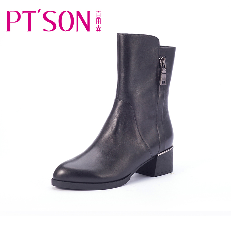 PTSON/百田森冬季靴子女粗跟高跟中筒靴加绒保暖尖头真皮女靴