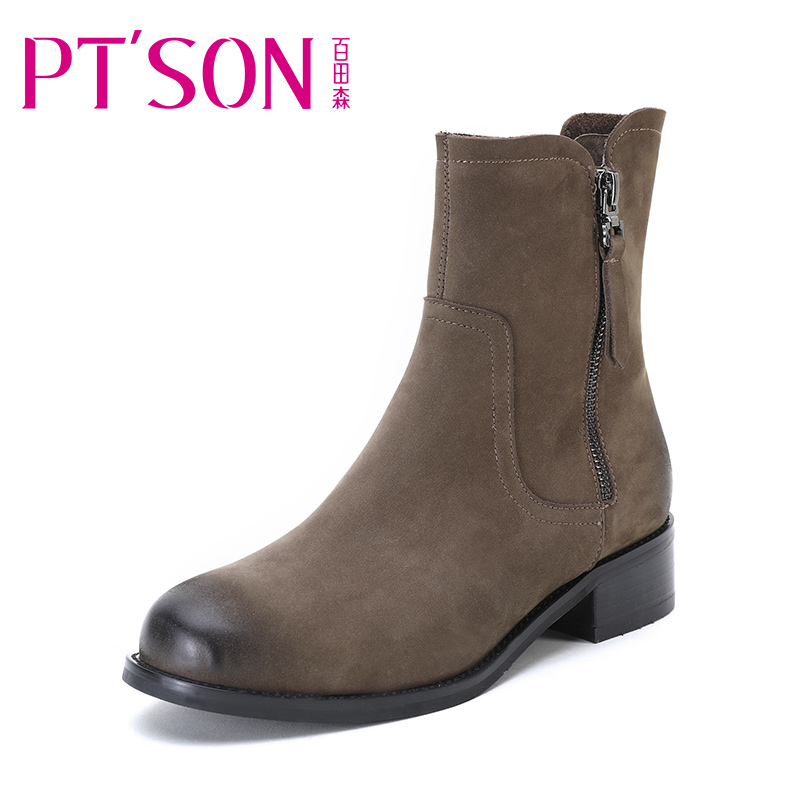 PTSON/百田森冬季马靴女中筒靴中跟圆头加绒保暖靴子棉靴