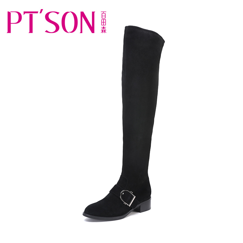 PTSON/百田森冬季高跟过膝长靴长筒靴粗跟圆头皮带扣女靴