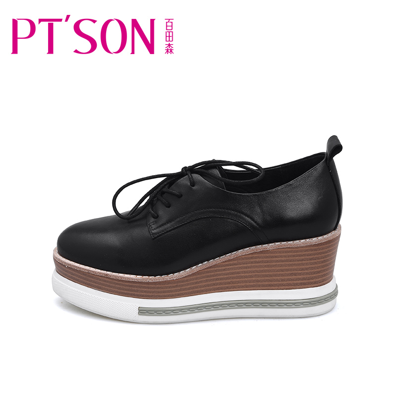 PTSON/百田森春秋头层真皮厚底增高平跟松糕鞋女鞋系带皮鞋