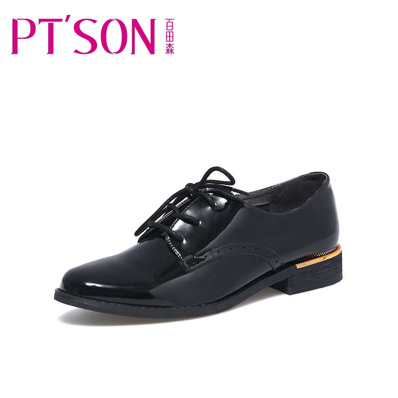 PTSON/百田森春秋女鞋真皮亮丽低跟休闲舒适深口圆头女单鞋