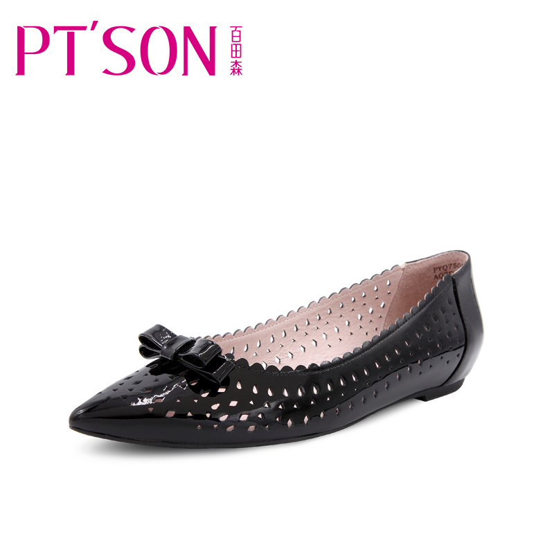 PTSON/百田森春秋女鞋真皮低跟蝴蝶结韩版百搭春天浅口女单鞋