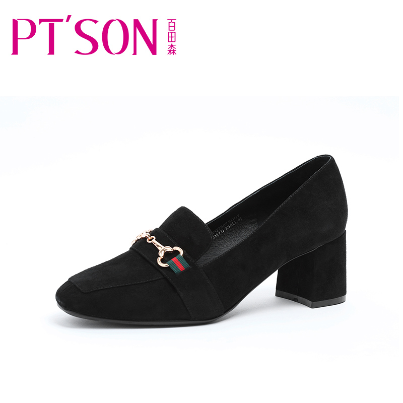PTSON/百田森春秋女鞋真皮粗跟舒适单鞋女韩版休闲浅口方头