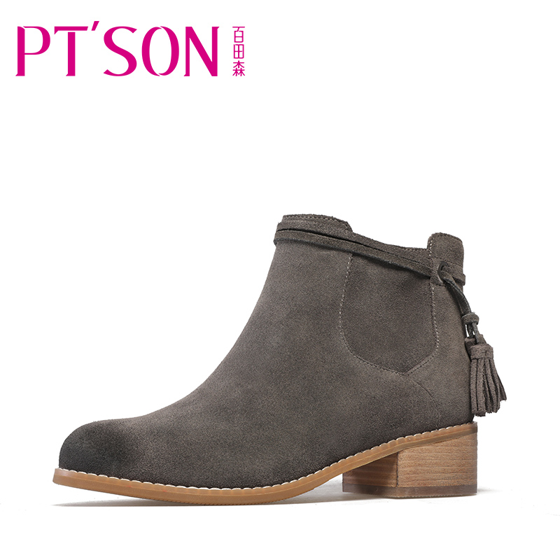 PTSON/百田森 磨砂复古中跟短靴流苏圆头百搭粗跟靴子女