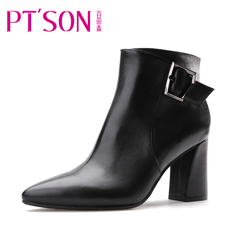 PTSON/百田森秋冬季欧美尖头高跟靴子保暖加绒女短靴真皮