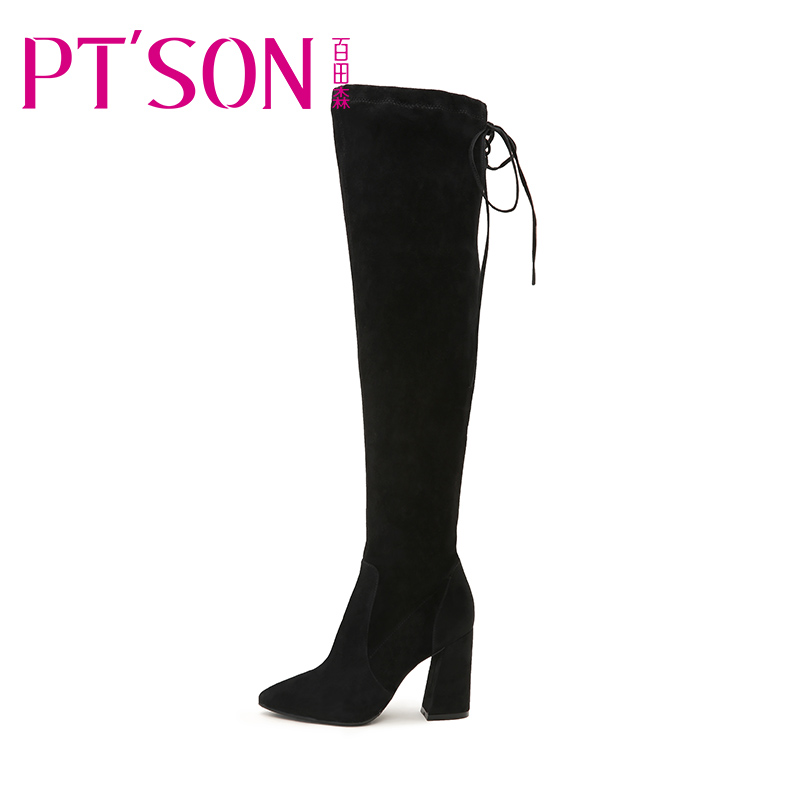 PTSON/百田森 秋冬长筒靴女过膝长靴子超高跟粗跟百搭韩版