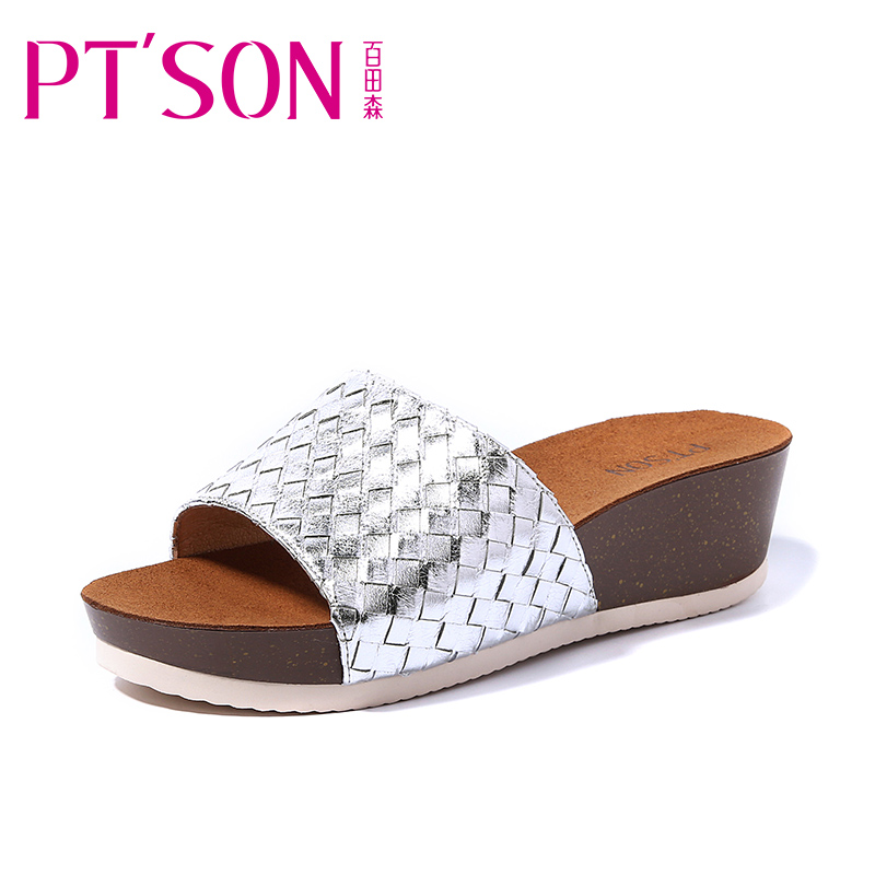PTSON百田森2018新款坡跟拖鞋女夏时尚编织外穿厚底松糕凉鞋凉拖