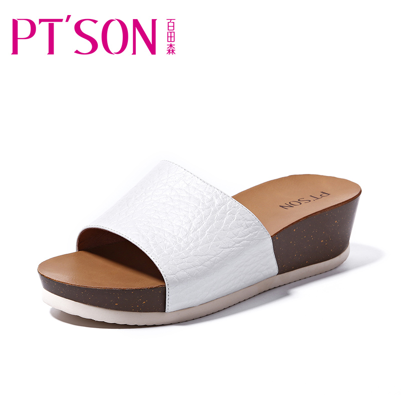 PTSON百田森2018新款真皮坡跟厚底拖鞋女夏外穿时尚百搭外出凉拖