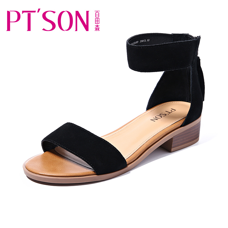 百田森2018新款一字带凉鞋女夏季平跟韩版百搭流苏中跟夏天女鞋子