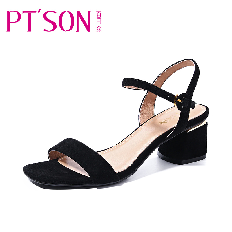 百田森新款女凉鞋一字带高跟鞋女粗跟鞋羊皮百搭简约夏天女鞋_1