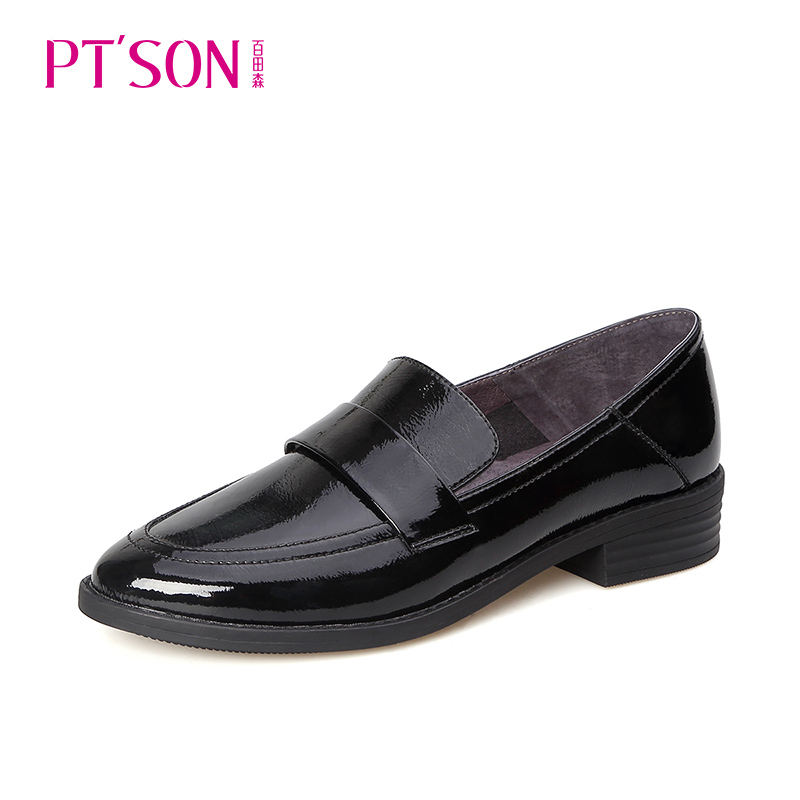 百田森2018秋季新款粗跟尖头一字条带单鞋女英伦休闲一脚蹬女鞋