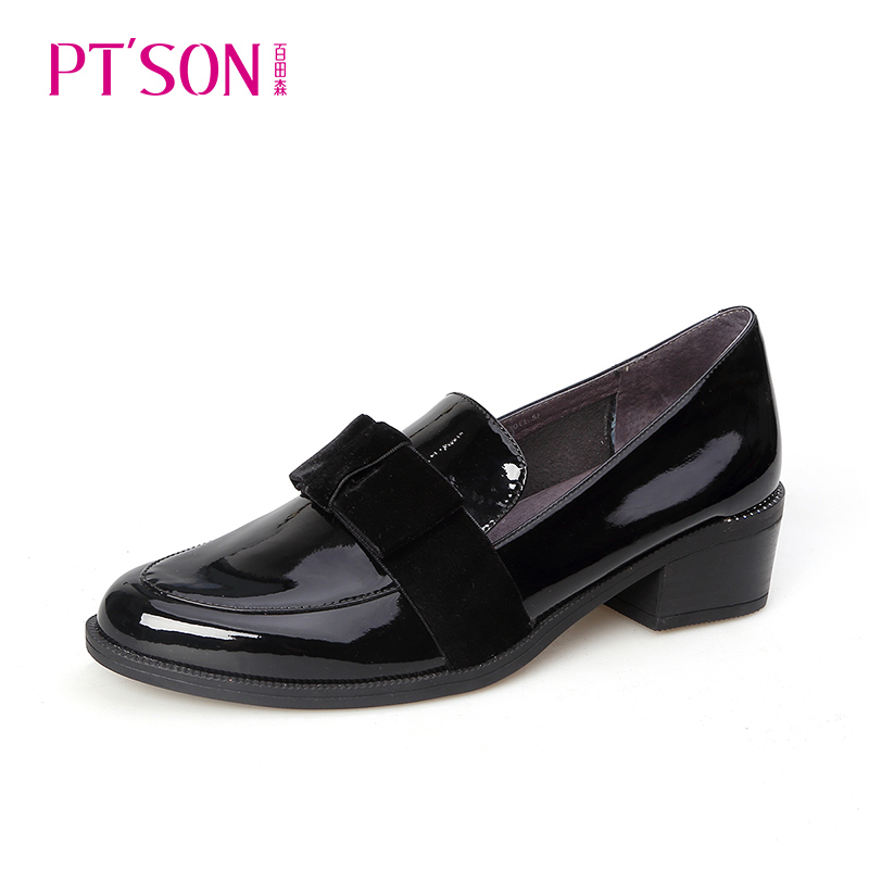 百田森2018秋季新款粗跟尖头蝴蝶结单鞋女英伦休闲百搭一脚蹬女鞋