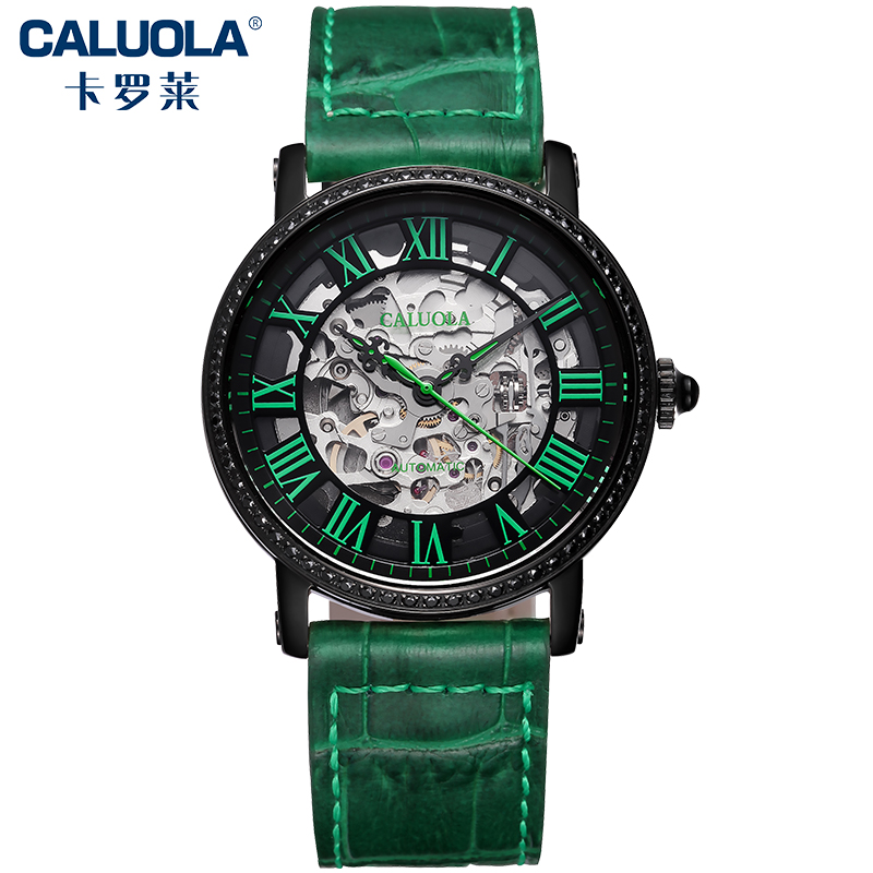 卡罗莱时尚镂空镶钻全自动机械女表皮带机械手表防水女士手表 CA1115ML黑白