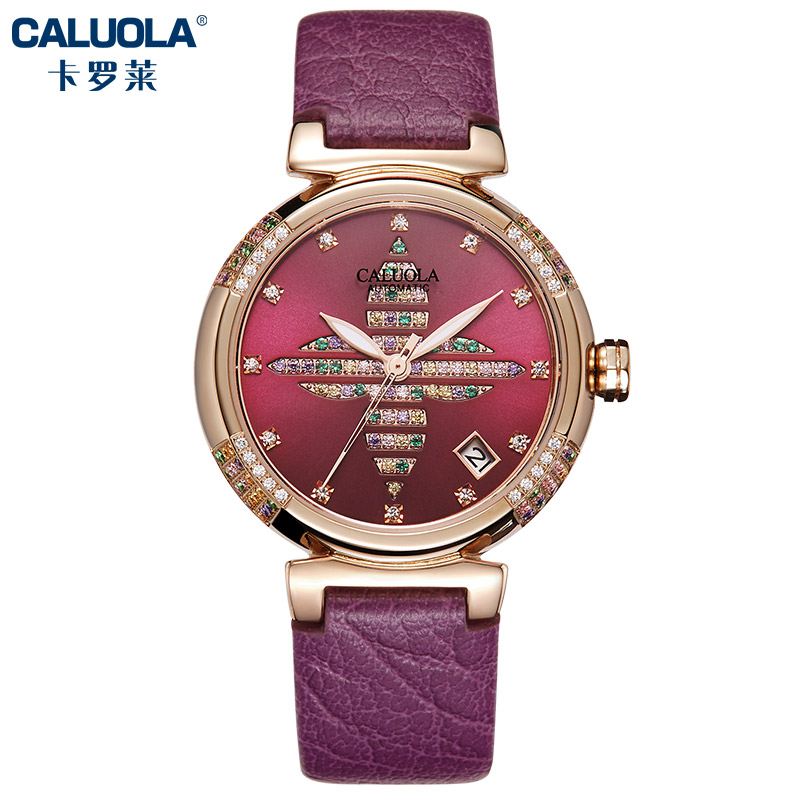 卡罗莱时尚潮流镶钻简约全自动机械女表气质百搭优雅防水皮带女士手表 CA1186ML皮金紫枣红皮