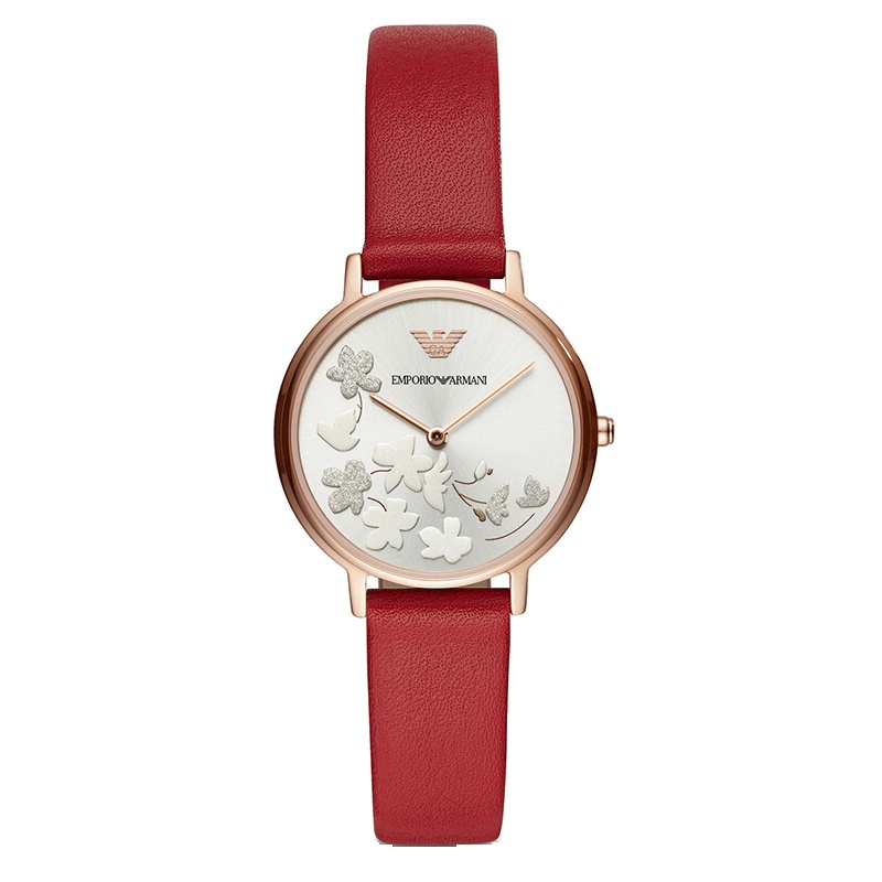 阿玛尼手表 女士红色皮质表带时尚休闲石英女士腕表