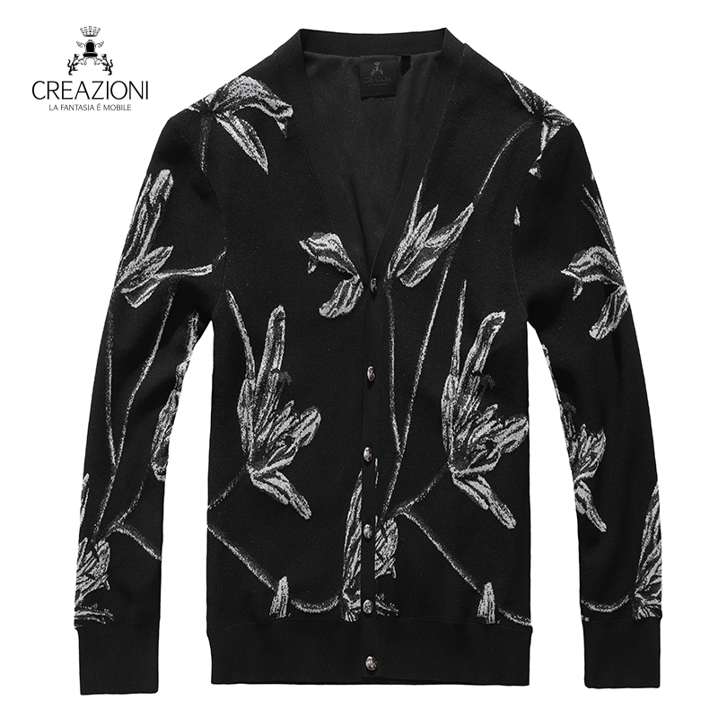CREAZIONI男装黑色印花针织男士外套休闲时尚潮流款