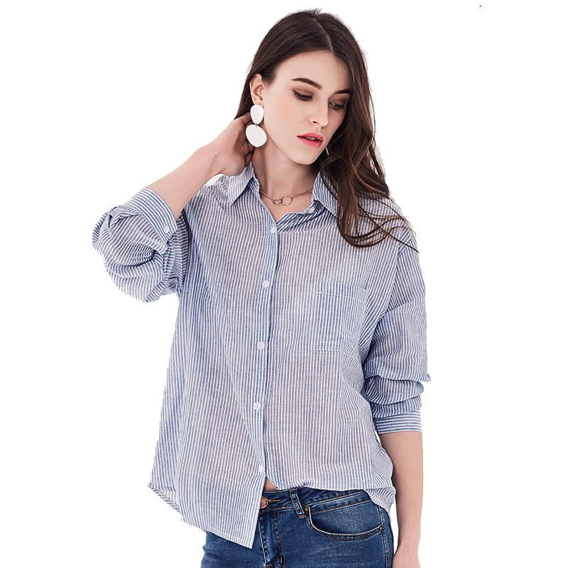 红豆女装 Hodo Ladies2018新款条纹宽松休闲九分袖衬衫 女