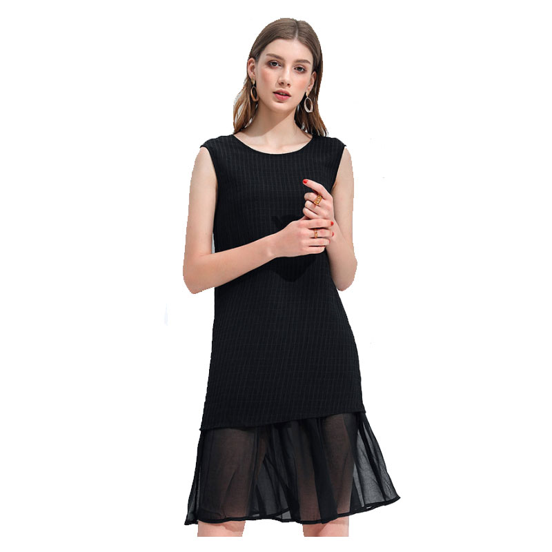 莉莉的 品牌女装雪纺拼接荷叶边连衣裙2018夏新款圆领无袖黑色显瘦宽松裙