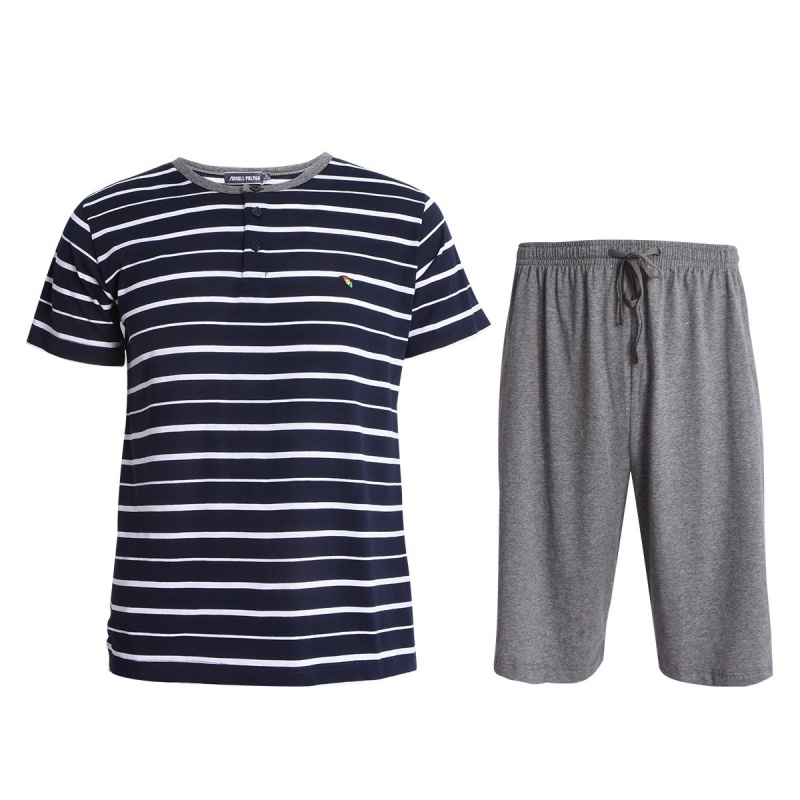 男款时尚圆领短袖短裤条纹家居服睡衣套装