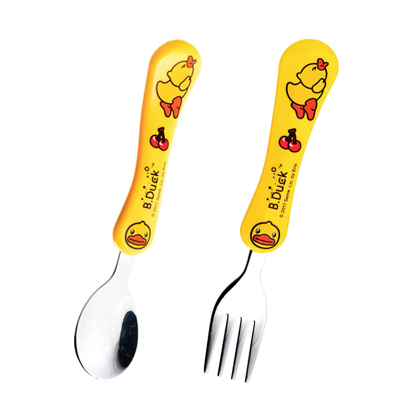 B.Duck小黄鸭儿童餐具不锈钢叉子勺子ABS智力学习筷宝宝餐具辅食勺叉带餐盒