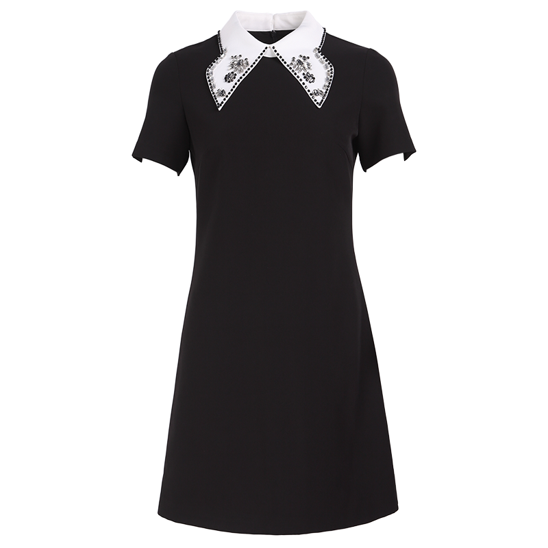 晚白 2018新款韩版手工钉珠翻领衬衫连衣裙优雅气质中长款