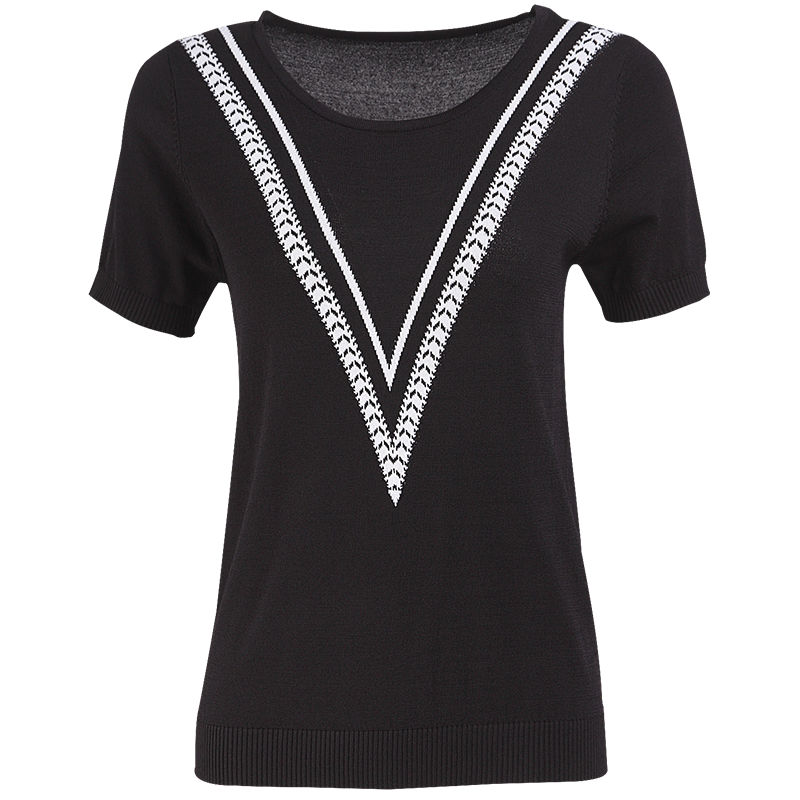 晚白 新款撞色视觉V型圆领休闲冰丝针织短袖上衣T恤衫女