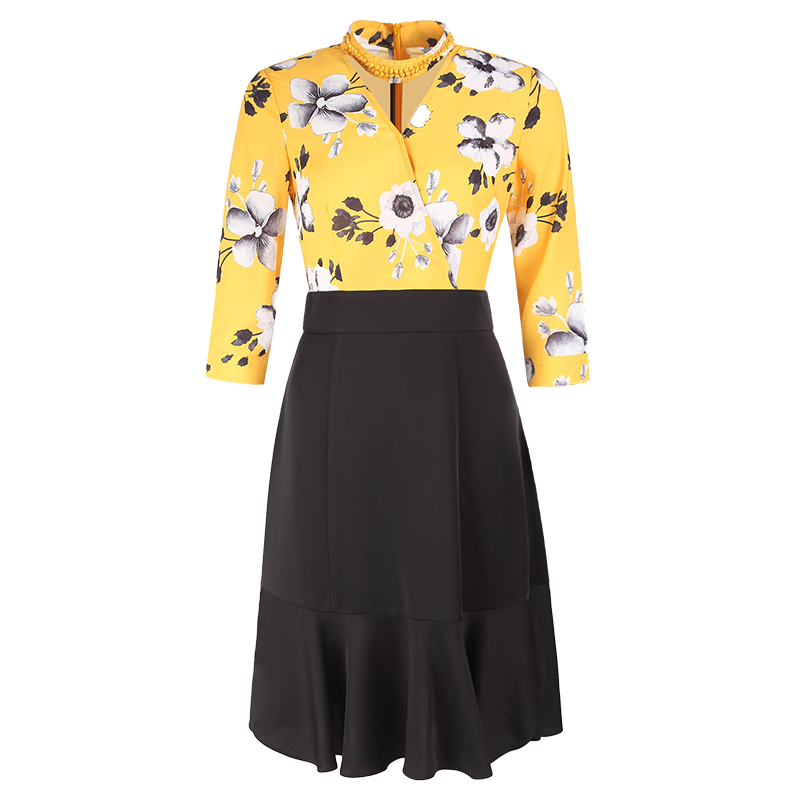 晚白 新款优雅气质复古假两件简约通勤中长款显瘦印花连衣裙