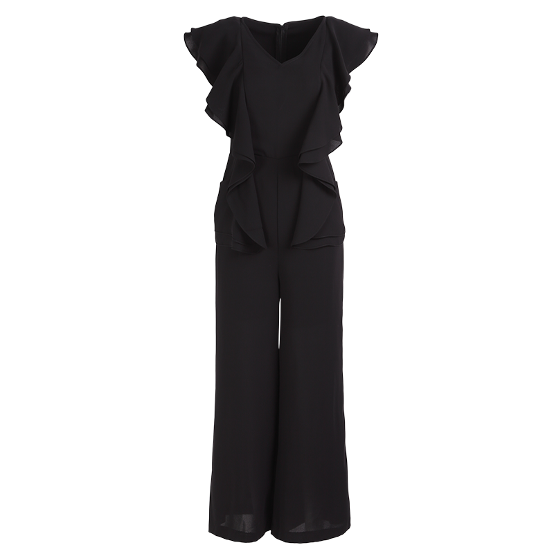 晚白 新款优雅气质高腰显瘦荷叶边通勤纯色阔腿连体长裤