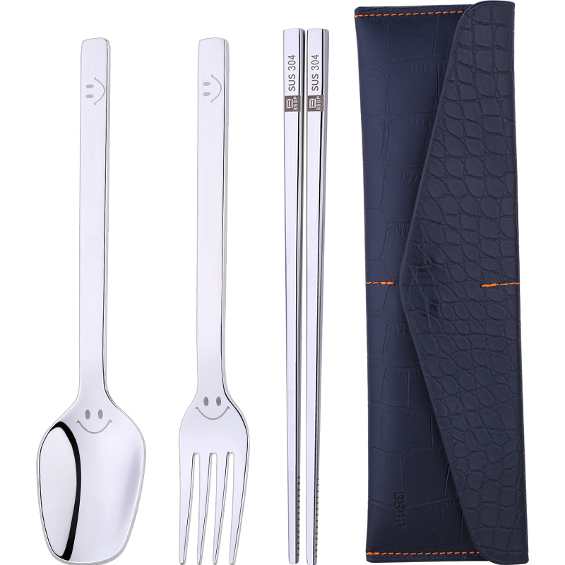 304不锈钢加厚创意便携式餐具三件套学生旅行勺叉筷子盒套装