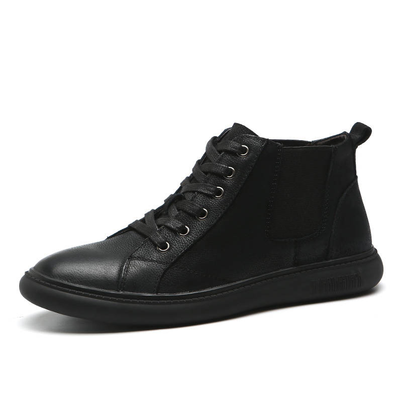 斯米尔Simier休闲皮鞋男韩版潮流英伦百搭潮鞋子真皮男鞋黑色男士高帮鞋