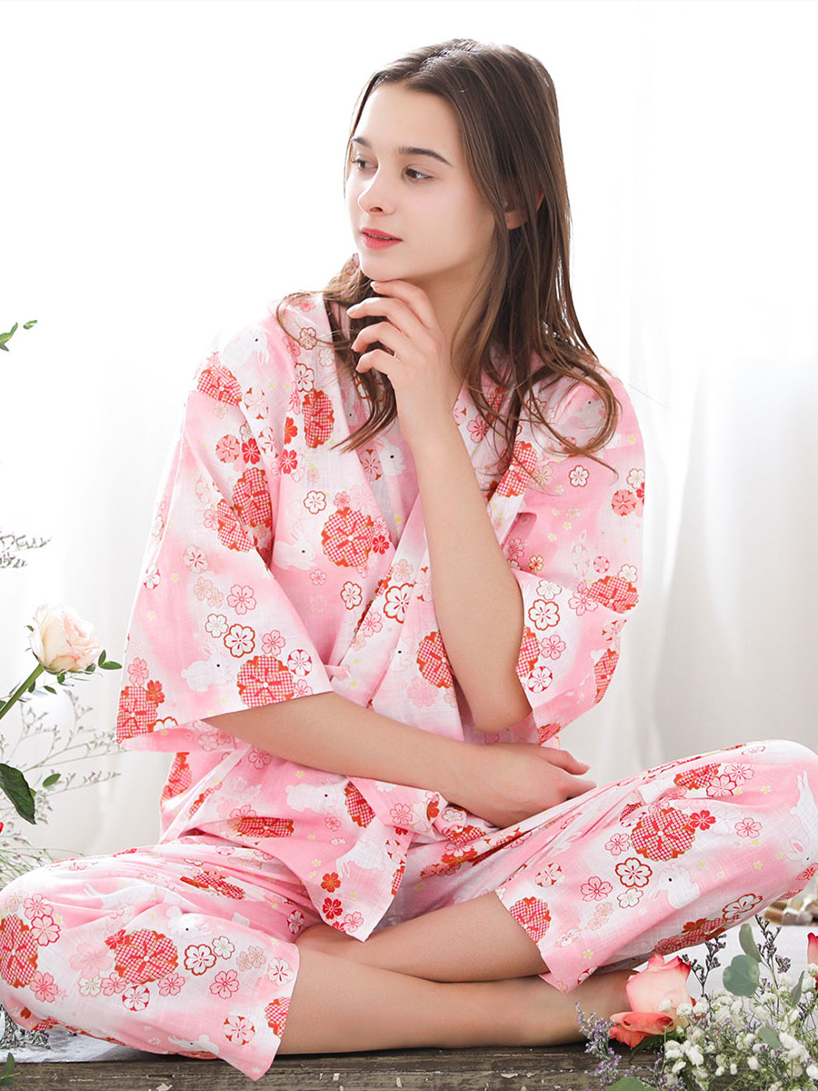 阪织屋睡衣女春季纯棉长袖日式和服舒适两件套少女家居服套装