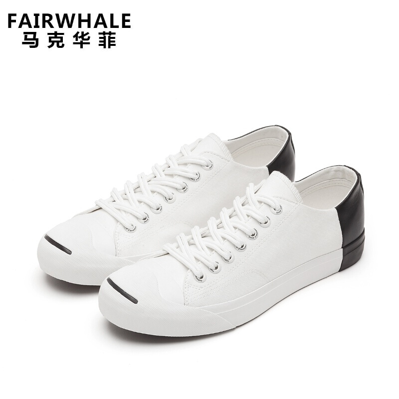 马克华菲2018春季新款笑脸鞋头时尚潮流板鞋拼色男款牛皮透气休闲鞋白色