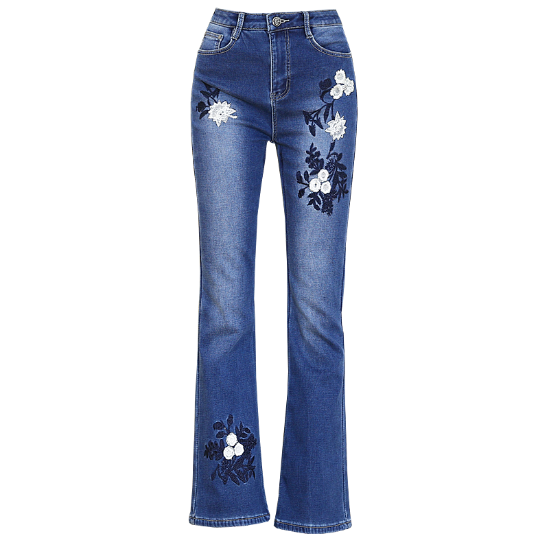 2018新款微喇刺绣花牛仔裤加绒加厚女长裤高腰显瘦胖MM3295