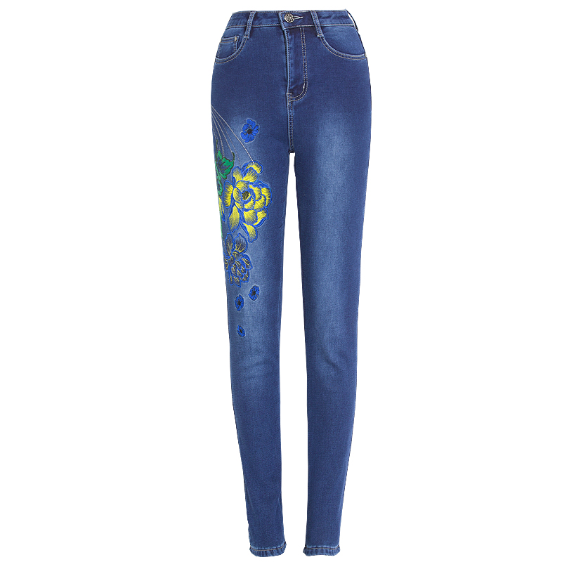 2018新款冬季加绒绣花牛仔裤小脚直筒弹力高腰大码显瘦3293